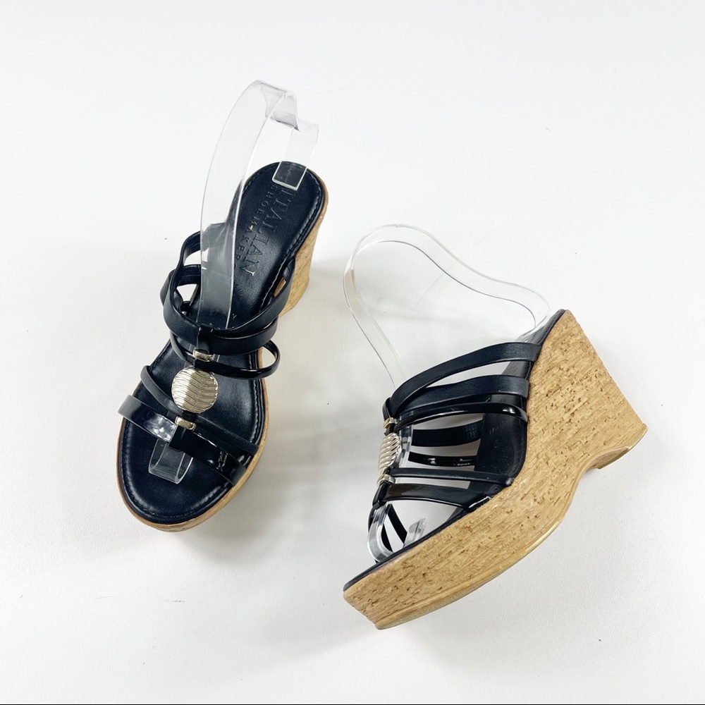 Italian Shoemakers Black Leather Strappy Cork Wedge Sandals
